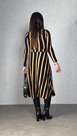 Kadın Uzun Kollu Kruvaze Yaka Kemer Dahil çizgili Triko Elbise