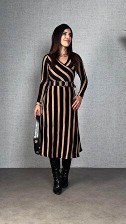 Kadın Uzun Kollu Kruvaze Yaka Kemer Dahil çizgili Triko Elbise