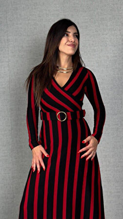 Kadın Uzun Kollu Kruvaze Yaka Kemer Dahil çizgili Triko Elbise