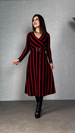 Kadın Uzun Kollu Kruvaze Yaka Kemer Dahil çizgili Triko Elbise