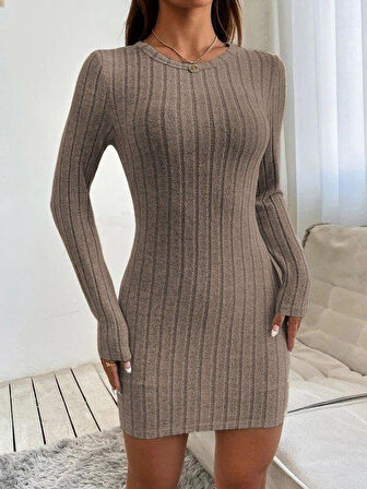 Kadın Uzun Kollu Bisiklet Yaka şardonlu Kalın Fitilli Kaşkorse Mini Boy Elbise