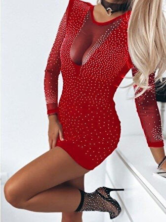 Kadın Uzun Kollu Yuvarlak Yaka Dekolteli Taşlı Dalgıç Elbise