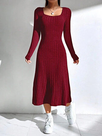 Kadın Uzun Kollu Kare Yaka Midi Kaşkorse Elbise