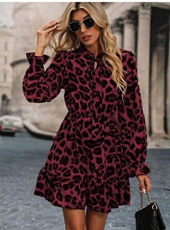 Kadın Uzun Kollu Yakadan Bağcıklı Modal Leopar Desenli Mini Elbise