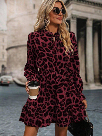 Kadın Uzun Kollu Yakadan Bağcıklı Modal Leopar Desenli Mini Elbise