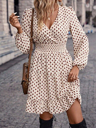 Kadın Uzun Kollu Kruvaze Yaka Desenli Mini Modal Elbise