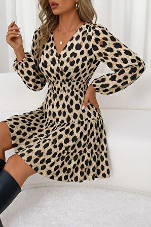 Kadın Uzun Kollu Kruvaze Yaka Desenli Mini Modal Elbise