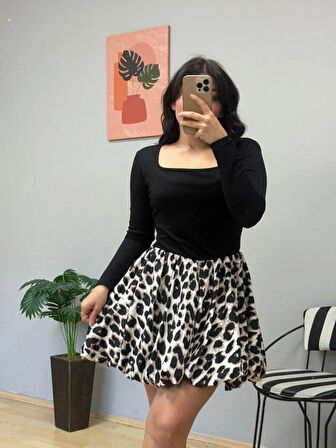 Kadın Uzun Kollu Kare Yaka Mini Balon Modal Elbise