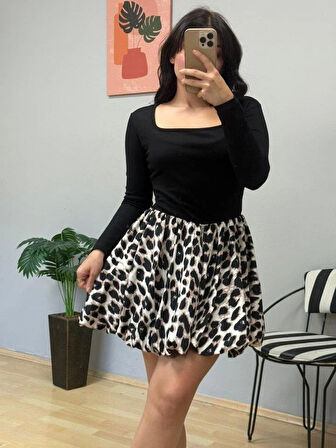 Kadın Uzun Kollu Kare Yaka Mini Balon Modal Elbise