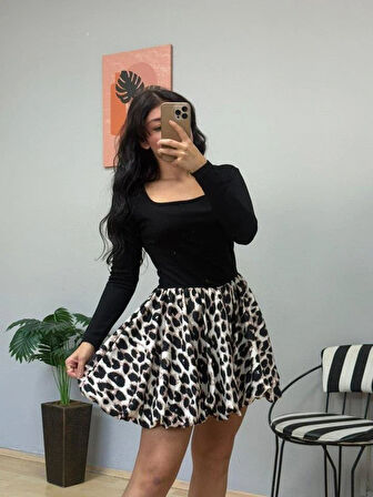 Kadın Uzun Kollu Kare Yaka Mini Balon Modal Elbise