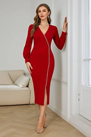 Kadın Uzun Kollu V Yakalı Yırtmaçlı Taşlı Uzun Ithal Krep Elbise