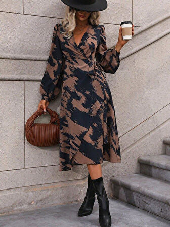 Kadın Uzun Kollu Kruvaze Yakalı Yandan Bağlamalı Desenli Mini Modal Elbise