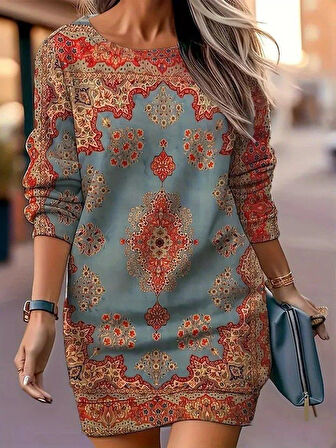 Kadın Uzun Kollu Yuvarlak Yaka Desenli Mini Modal Elbise