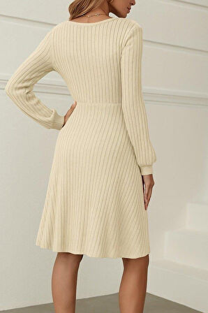 Kadın Uzun Kollu Kare Yaka Düğmeli Kısa şardonlu Iki Iplik Mini Elbise