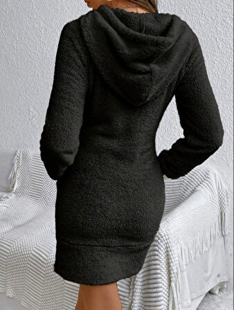 Kadın Uzun Kollu Kapşonlu Cepli Mini Peluş Elbise