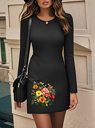 Kadın Uzun Kollu Bisiklet Yaka çiçek Desenli Mini Dalgıç Elbise