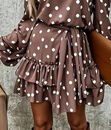 Kadın Uzun Kollu V Yakalı Belden Kuşaklı Puantiyeli Mini Modal Elbise