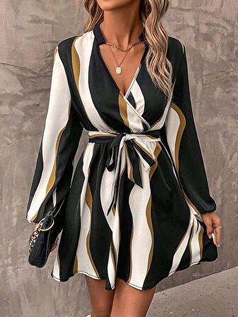 Kadın Uzun Kollu Kruvaze Yakalı Desenli Modal Mini Elbise