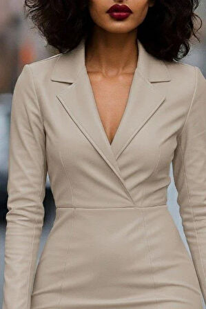 Kadın Uzun Kollu Yakalı Mini Deri Elbise