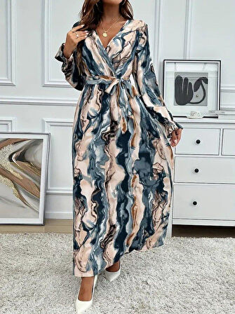 Kadın Uzun Kollu Kruvaze Yakalı Beli Kuşaklı Desenli Süprem Maxi Elbise