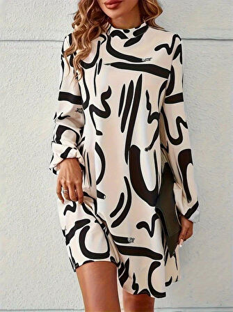 Kadın Uzun Kollu Balıkçı Yaka Desenli şardonlu Dalgıç Elbise