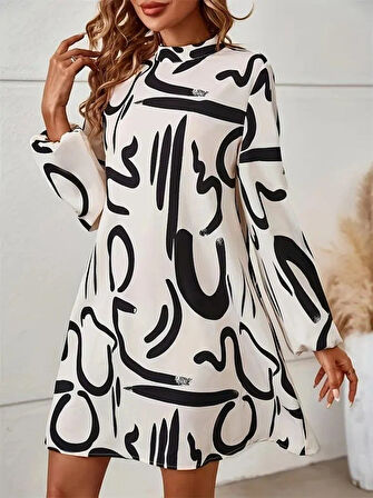 Kadın Uzun Kollu Balıkçı Yaka Desenli şardonlu Dalgıç Elbise