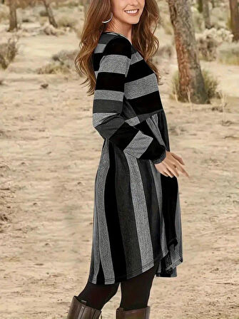 Kadın Uzun Kollu Bisiklet Yaka çizgili Desen Detaylı Süprem Mini Elbise