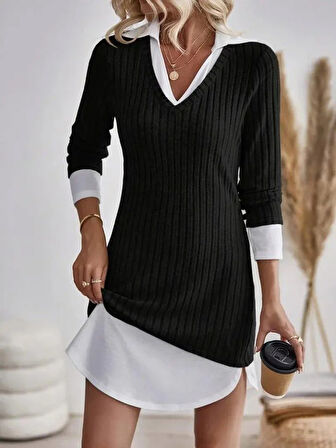 Kadın Uzun Kollu Yakalı şardonlu Kaşkorse Dokuma Detaylı Elbise