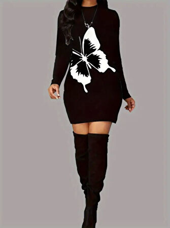 Kadın Uzun Kollu Bisiklet Yaka Kelebek Desenli Kısa Viskon Iki Iplik Elbise