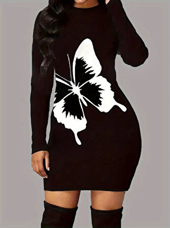 Kadın Uzun Kollu Bisiklet Yaka Kelebek Desenli Kısa Viskon Iki Iplik Elbise