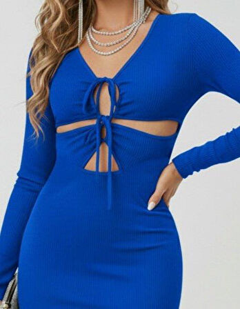 Kadın Uzun Kollu Göğüs Ve Göbek Dekolte Detay Sandy Midi Boy Elbise