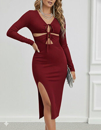 Kadın Uzun Kollu Göğüs Ve Göbek Dekolte Detay Sandy Midi Boy Elbise