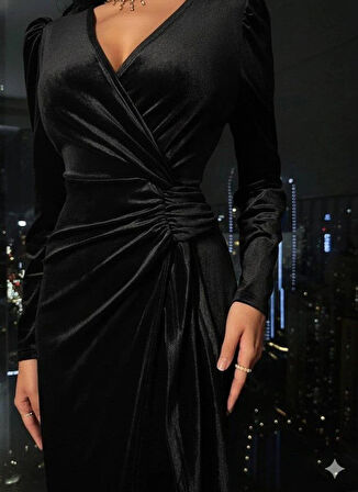 Kadın Uzun Kollu Kruvaze Yakalı Yandan Büzgülü Midi Kadife Elbise