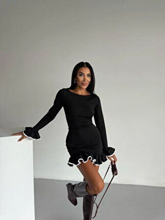 Kadın Uzun Kollu Biye Ve Volan Detaylı Dalgıç Kumaş Mini Elbise