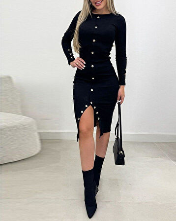 Kadın Uzun Kollu Yırtmaçlı Düğme Detaylı Midi Kaşkorse Elbise