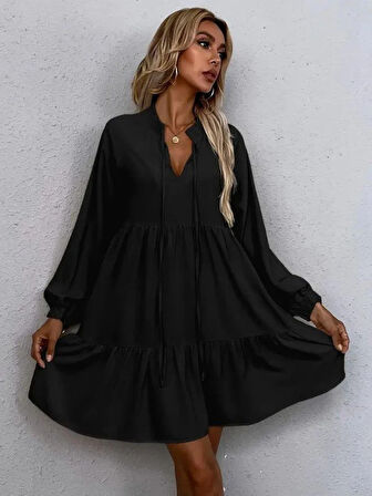 Kadın Uzun Kollu Yakadan Bağcıklı Fırfırlı Keten Mini Elbise