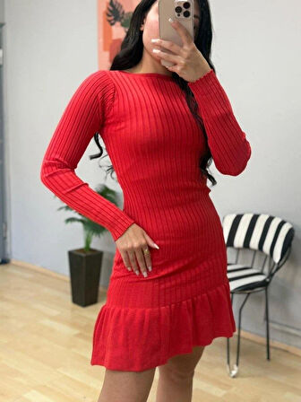 Kadın Bisiklet Yaka Uzun Kol Etek Ucu Fırfırlı Triko (polyenit) Mini Boy Elbise