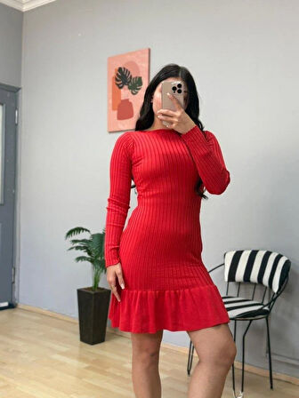 Kadın Bisiklet Yaka Uzun Kol Etek Ucu Fırfırlı Triko (polyenit) Mini Boy Elbise