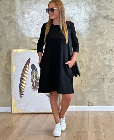 Kadın Uzun Kollu Bisiklet Yaka Cep Detay Etek Ucu Volanlı Iki Iplik Elbise