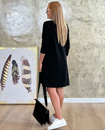 Kadın Uzun Kollu Bisiklet Yaka Cep Detay Etek Ucu Volanlı Iki Iplik Elbise