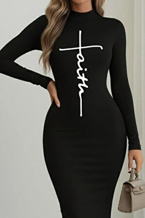 Kadın Uzun Kollu Boğazlı Baskı Detaylı Viskon Tam Boy Elbise