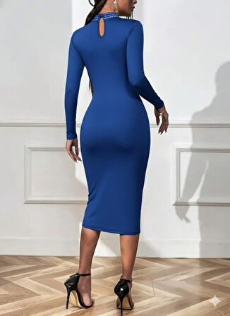 Kadın Uzun Kollu Balıkçı Yaka Taşlı Damla Detay Midi Ithal Krep Elbise