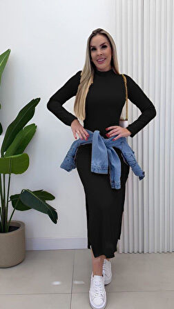 Kadın Uzun Kollu Balıkçı Yakalı Yanlardan Yırtmaçlı Kaşkorse Maxi Elbise