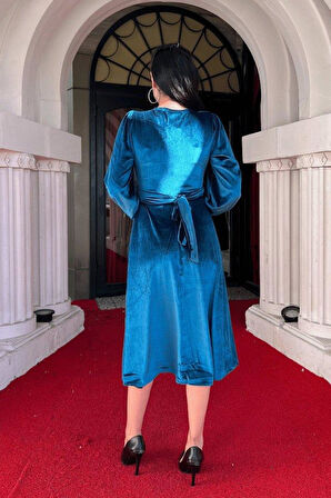 Kadın Uzun Kollu V Yaka Kuşak Dahil Kadife Kumaş Midi Boy Elbise