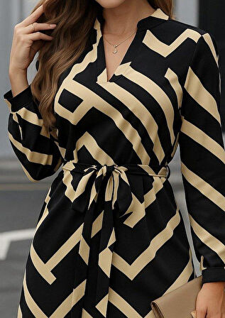 Kadın Uzun Kollu V Yakalı Desenli Belinde Kuşaklı Dalgıç Elbise
