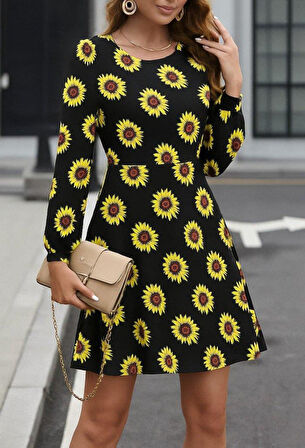 Kadın Uzun Kollu Bisiklet Yaka Desenli Kısa Krep Elbise