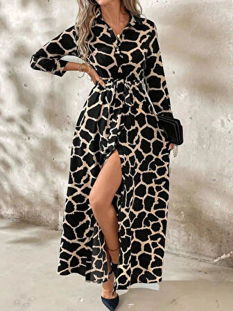 Kadın Uzun Kollu Yakalı önü Düğmeli Desenli Belden Kuşaklı Uzun Süprem Elbise