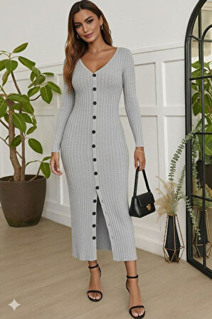 Kadın Uzun Kollu V Yakalı önden Düğmeli şardonlu Kaşkorse Elbise