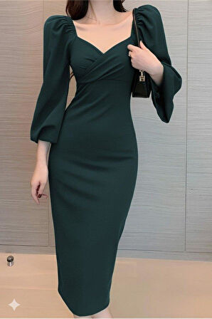 Kadın Uzun Kollu Kalp Yakalı Midi Ithal Krep Elbise