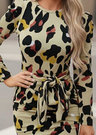 Kadın Uzun Kollu Yuvarlak Yaka Belden Kuşaklı önden Yırtmaçlı örme Krep Elbise